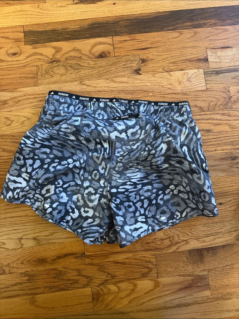 adidas Gray Leopard Print Running Shorts with White Stripes - Picture 4 of 5